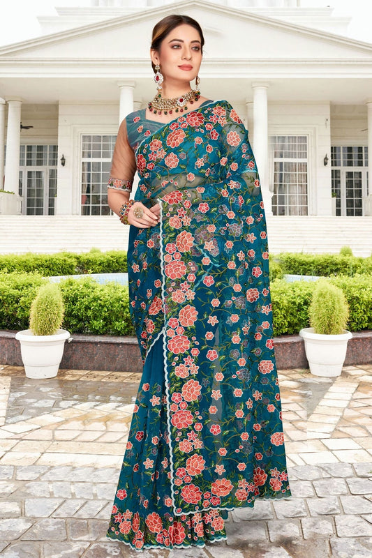 Teal Net Saree NCSD10910429