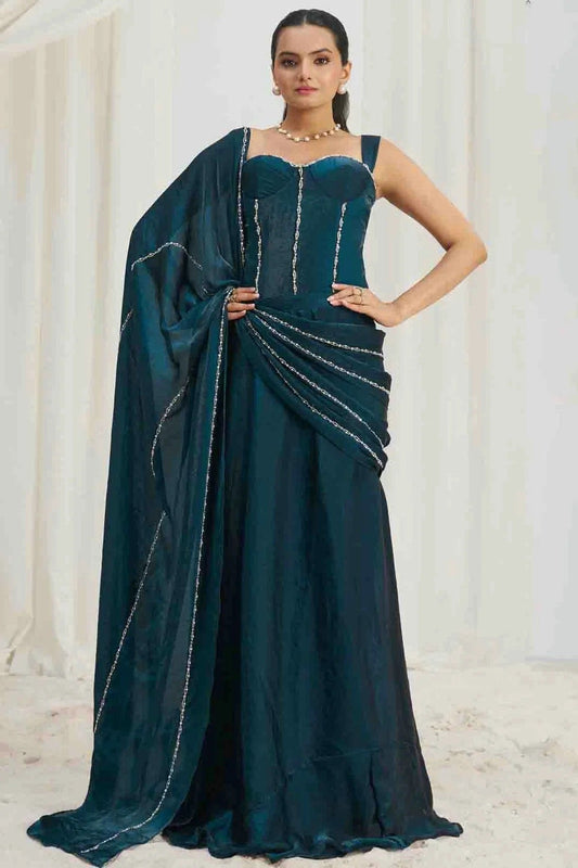 Teal Organza Hand Ready To Wear Saree NCSD10810100
