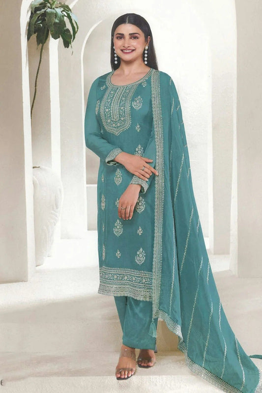 Teal Organza Silk Pant Style Suit NCSM11410552