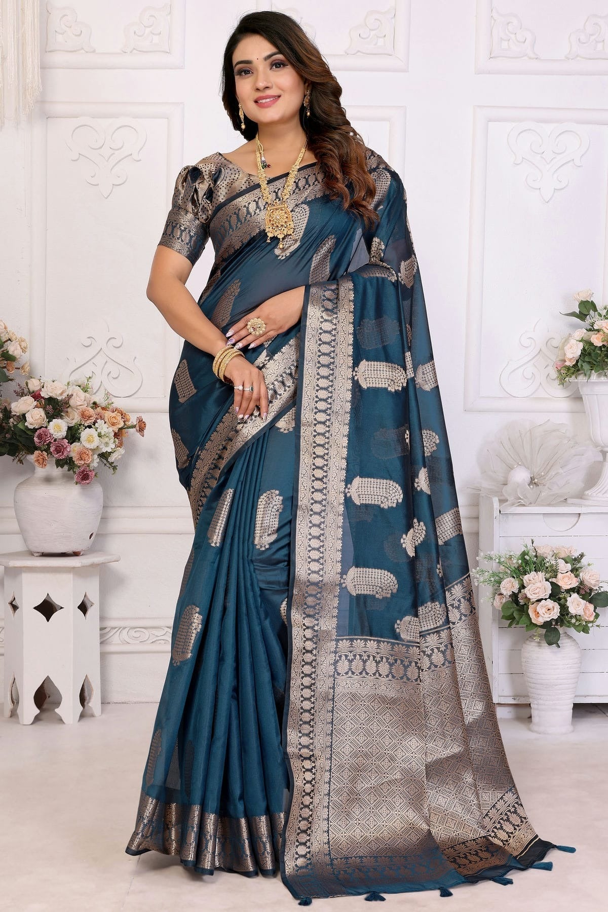Teal Organza Traditional Saree NCSD11111088