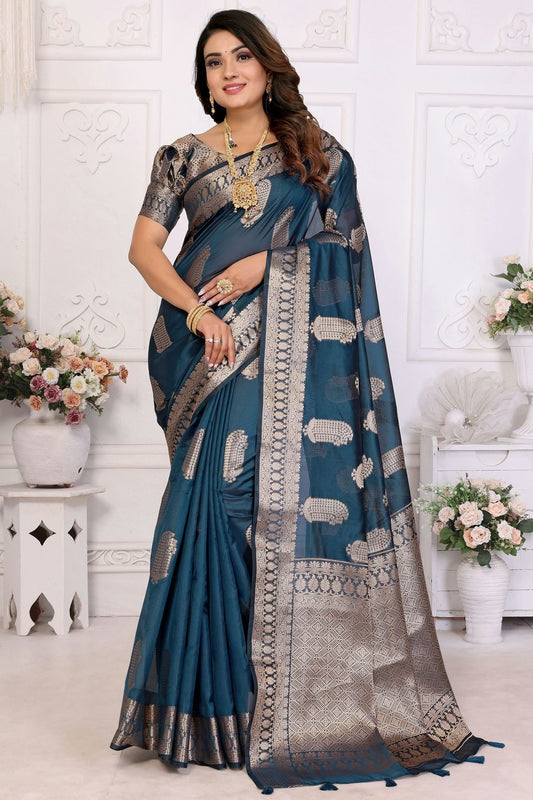 Teal Organza Traditional Saree NCSD11111088
