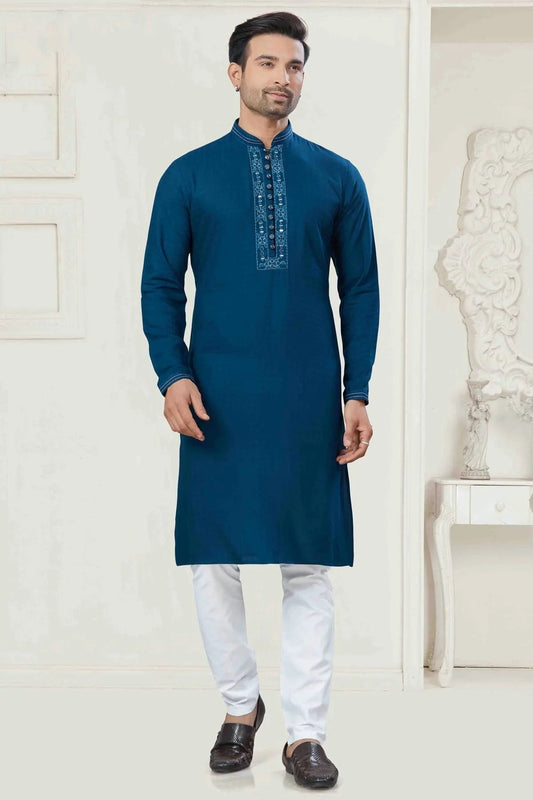 Teal Pintex and Embroidery Cotton Kurta Pajama NCKP11110558