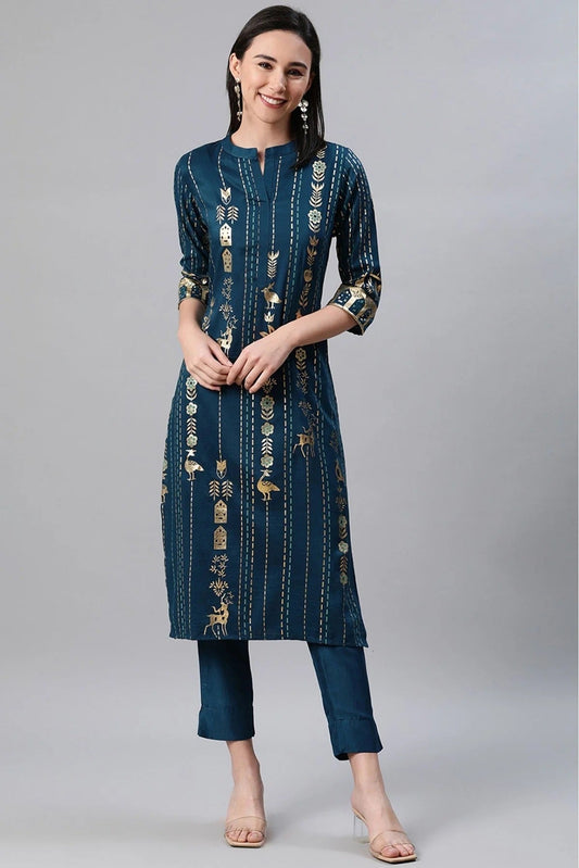 Teal Plus Size Rayon Foil Print KurtiWith Pant Set NCKR10610129