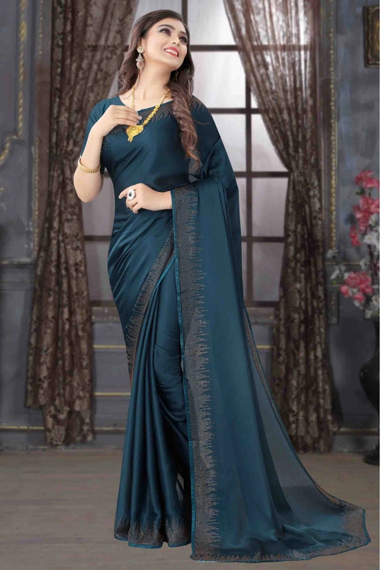 Teal Pure Satin Designer Saree NCSD11210746