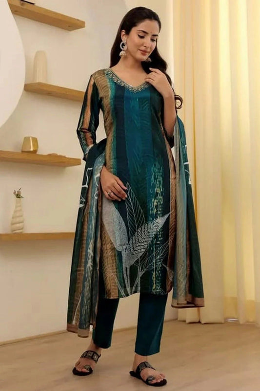 Teal Rayon Slub Stitched Suit NCSS11111429