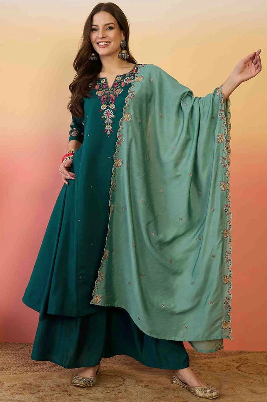 Teal Roman Silk Stitched Palazzo Pant Suit NCSS11110173