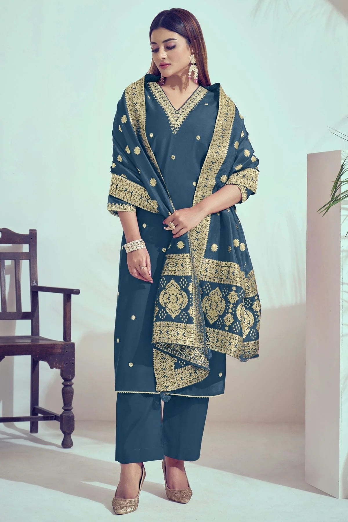 Teal Roman Silk Stitched Salwar Suit NCSS11111595