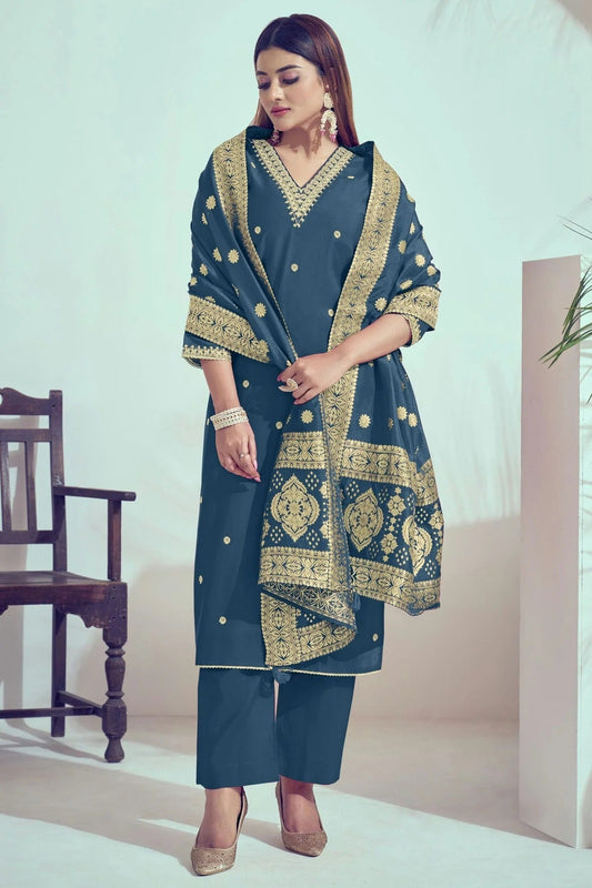 Teal Roman Silk Stitched Salwar Suit NCSS11111595