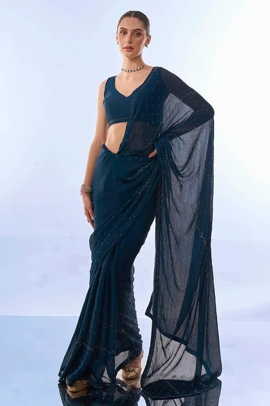 Teal Satin Chiffon Saree NCSD11112442