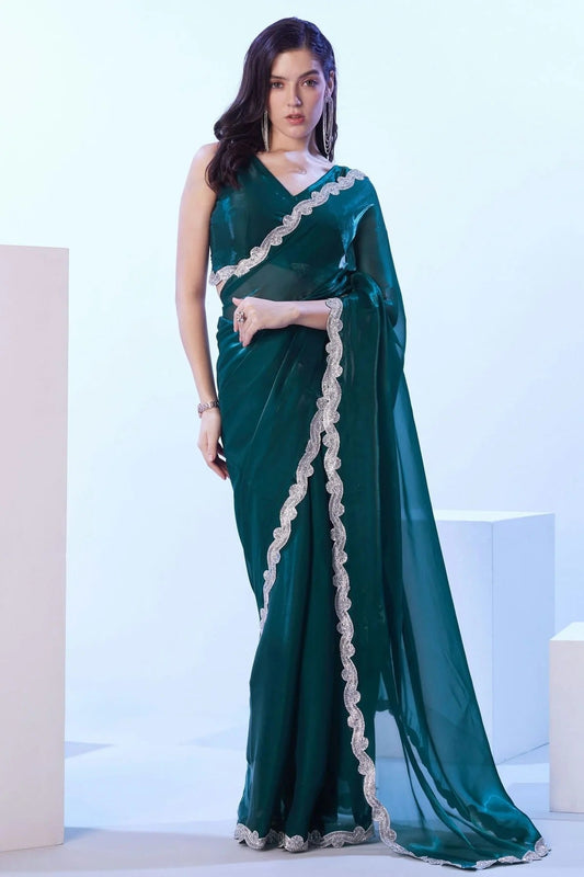 Teal Satin Jimmy Choo Designer Saree NCSD11111171