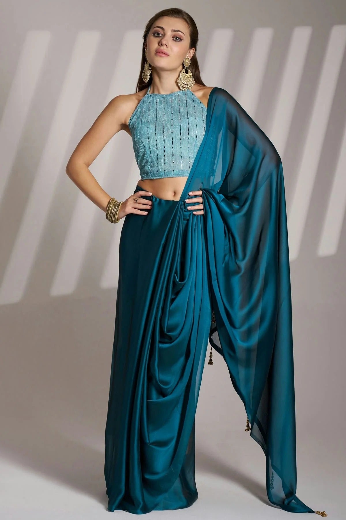 Teal Satin Rangoli Saree NCSD11111077