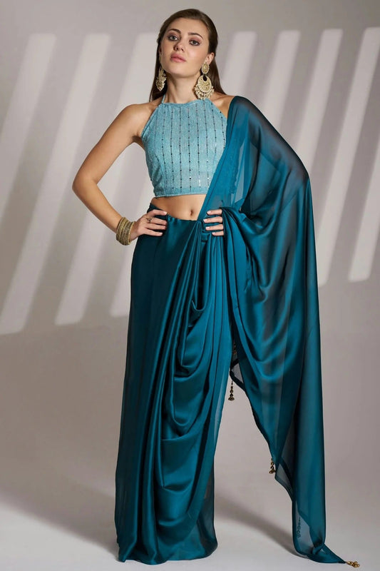 Teal Satin Rangoli Saree NCSD11111077