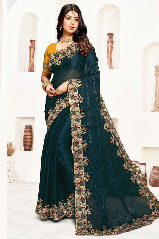 Teal Satin Silk Designer Saree NCSD10910230