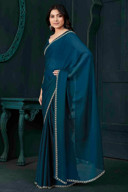 Teal Satin Silk Designer Saree NCSD11210173