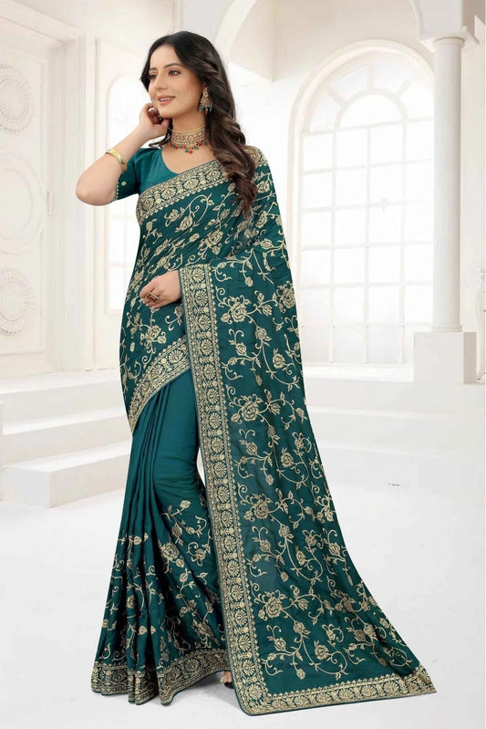Teal Satin Silk Embroidery Saree NCSD10910641
