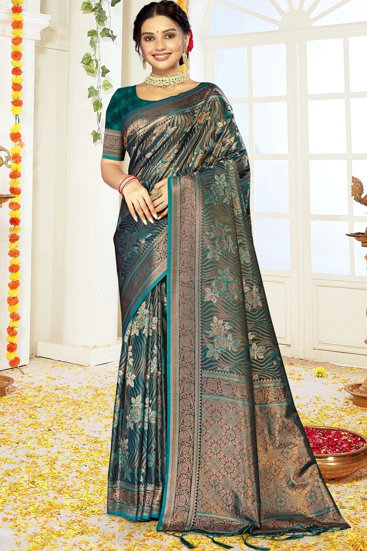 Teal Satin Silk Traditional Saree NCSD11010448