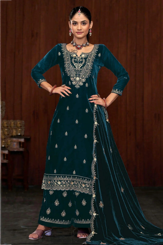 Teal Semi Stitched 9000 Velvet Palazzo Pant Suit NCSM11410412