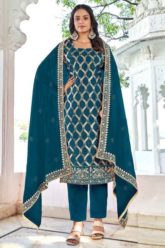 Teal Semi Stitched Blooming Vichitra Pant Style Suit NCSM11410526