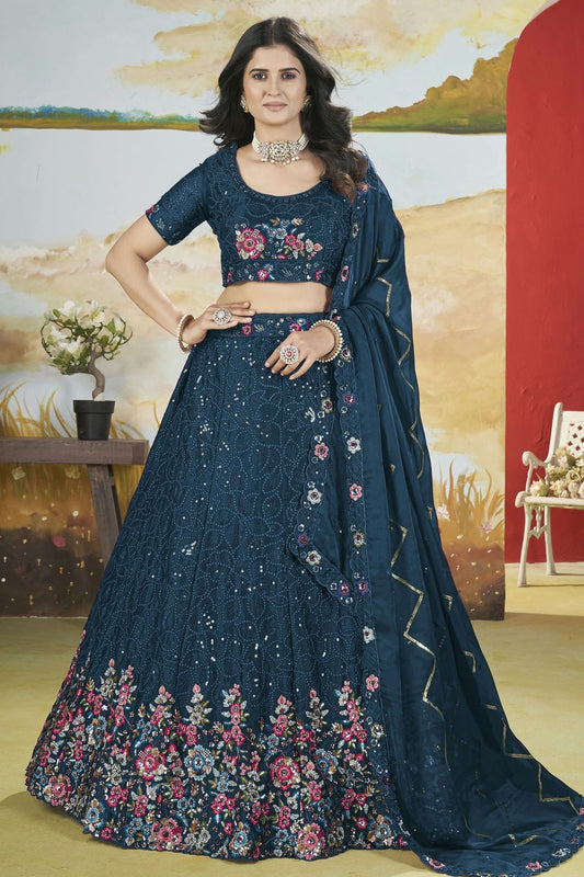 Teal Semi Stitched Chinon Lehenga Choli NCLC11111254