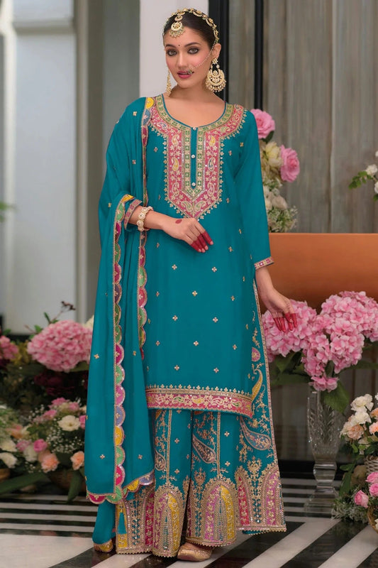 Teal Semi Stitched Chinon Palazzo Pant Suit NCSM11111025