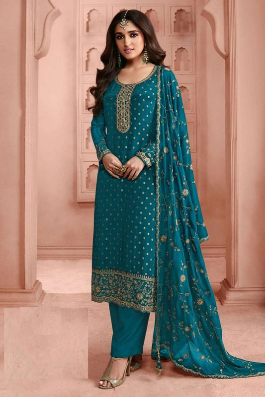 Teal Semi Stitched Dola Jacquard Silk Pant Style Suit NCSM11410410