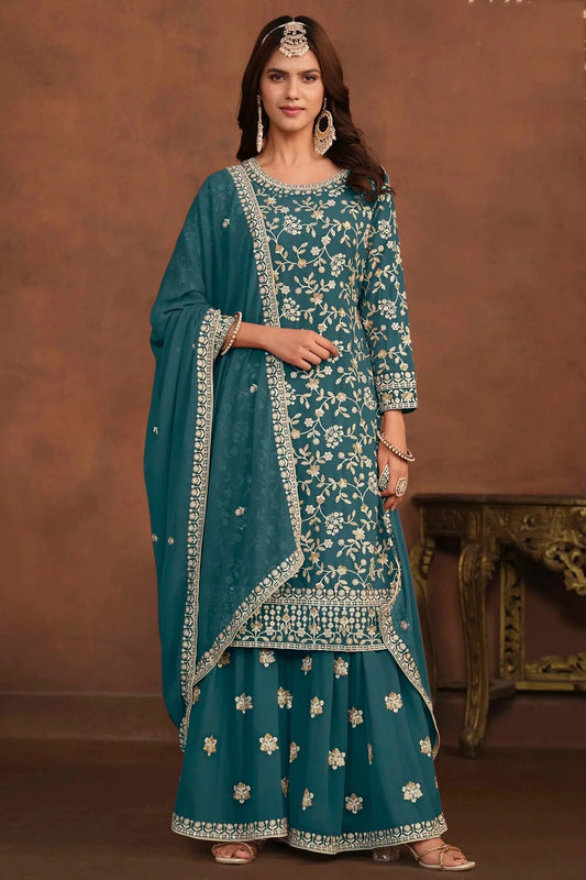 Teal Semi Stitched Faux Georgette Sharara Suit NCSM10510275