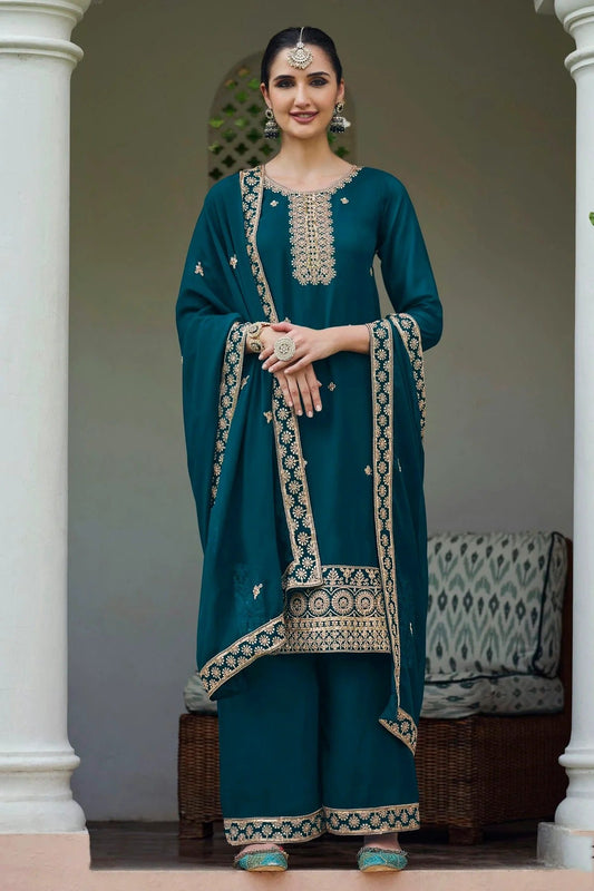 Teal Semi Stitched Georgette Palazzo Pant Suit NCSM11410470