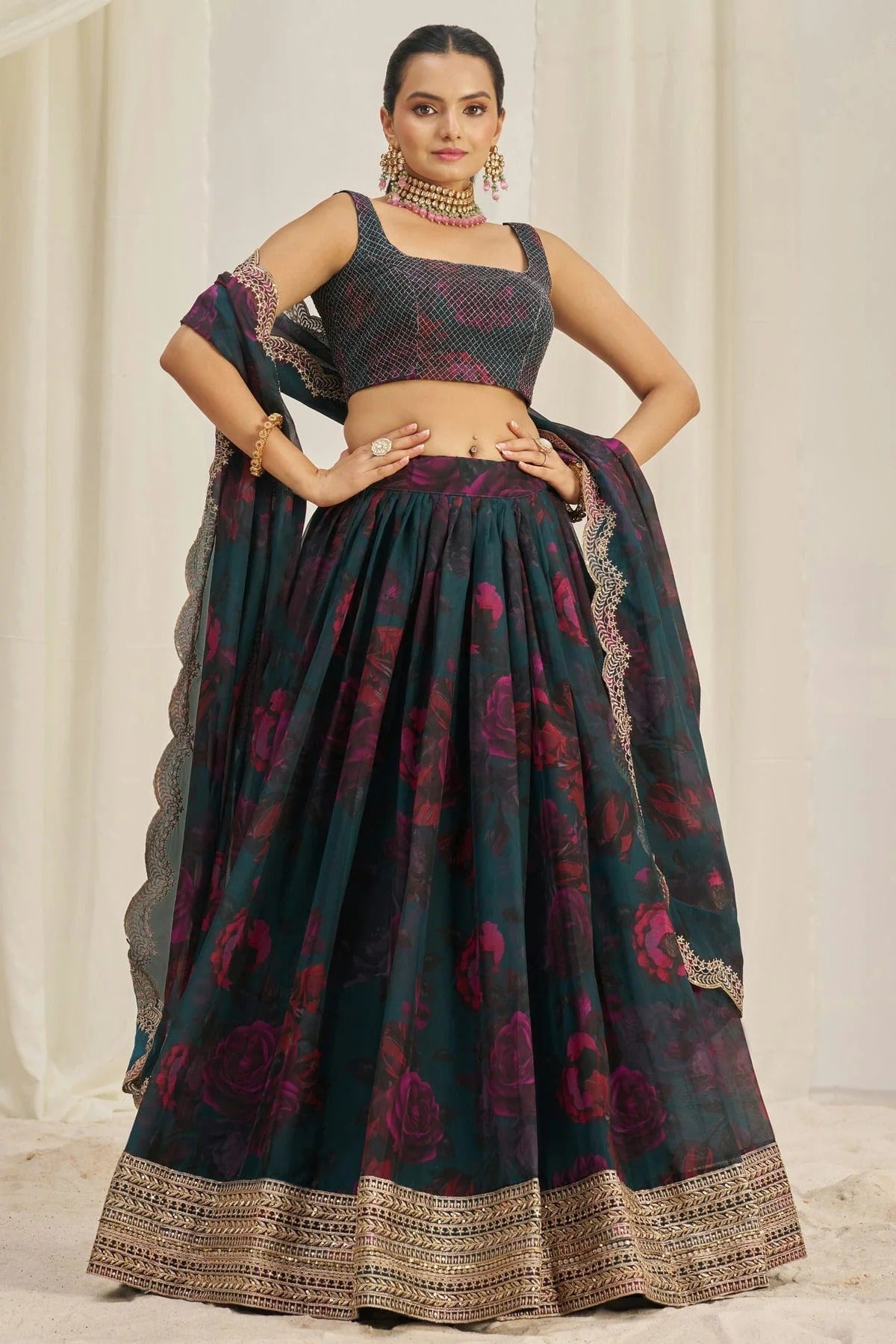 Teal Semi Stitched Organza Lehenga Choli NCLC10810180