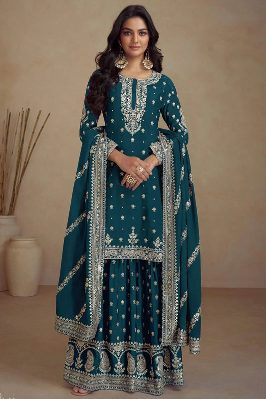 Teal Semi Stitched Silk Palazzo Pant Suit NCSM11410333