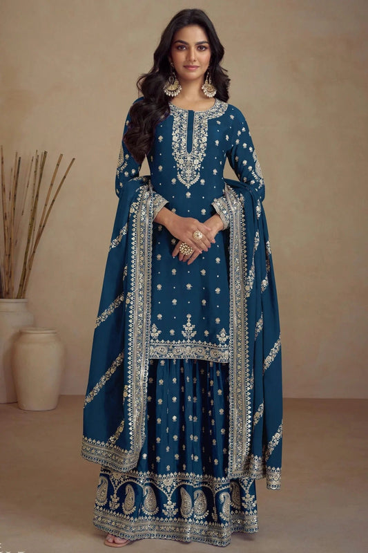 Teal Semi Stitched Silk Palazzo Pant Suit NCSM11410455