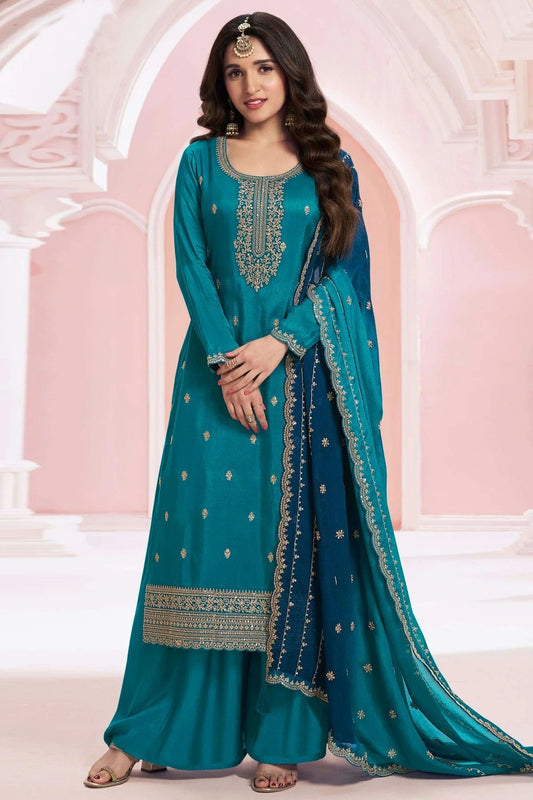 Teal Semi Stitched Vichitra Silk Palazzo Pant Suit NCSM11410421