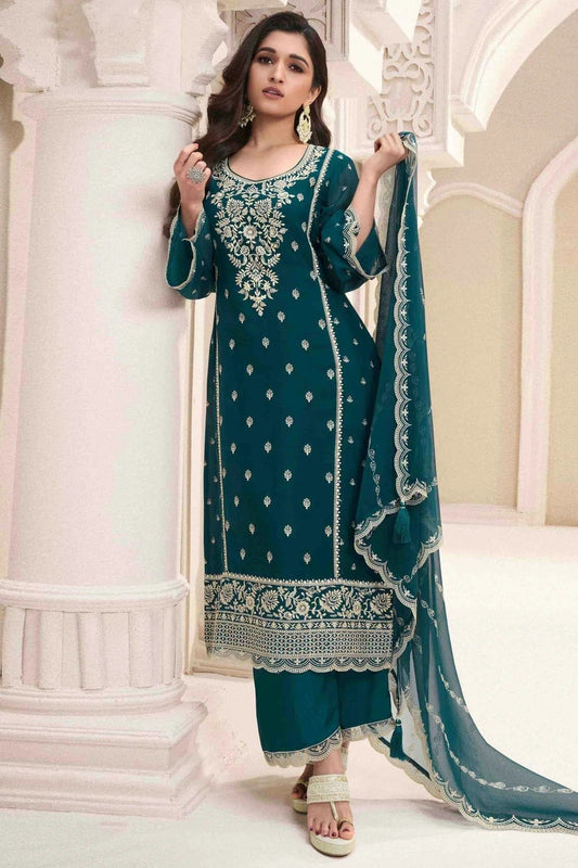 Teal Silk Chiffon Palazzo Pant Suit NCSM11410157