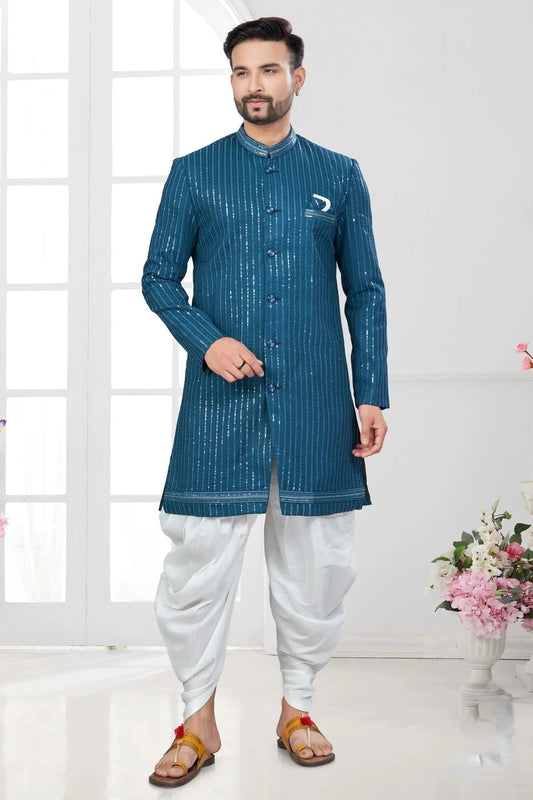 Teal Silk Dupion Dhoti Sherwani NCSH10410169