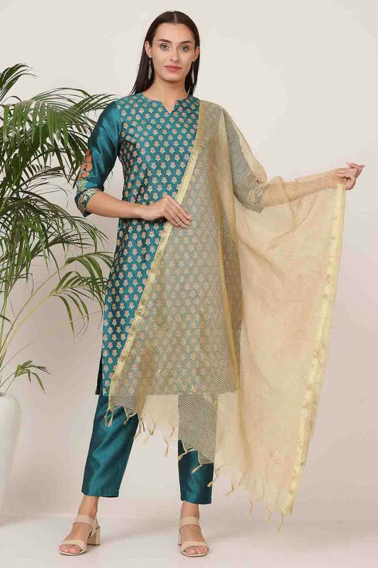Teal Silk Stitched Suit NCSS11110908