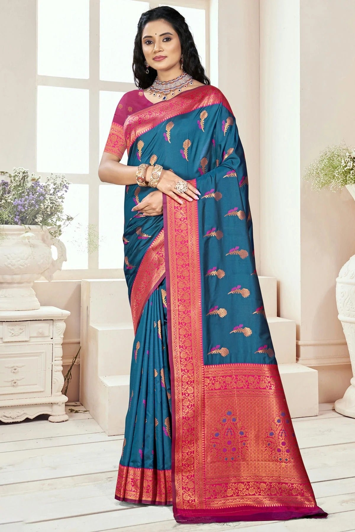 Teal Silk Woven Traditional Saree NCSD11010263