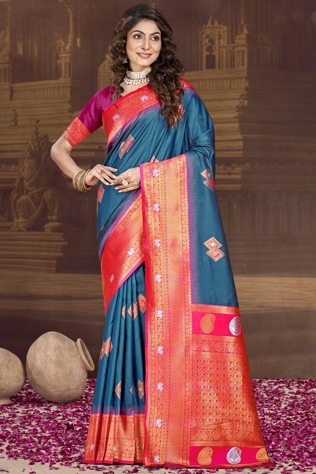 Teal Silk Woven Traditional Saree NCSD11010333