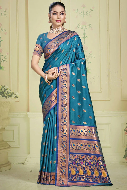 Teal Silk Woven Traditional Saree NCSD11010377