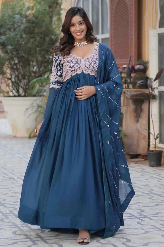 Teal Stitched Georgette Gown NCGW11111000