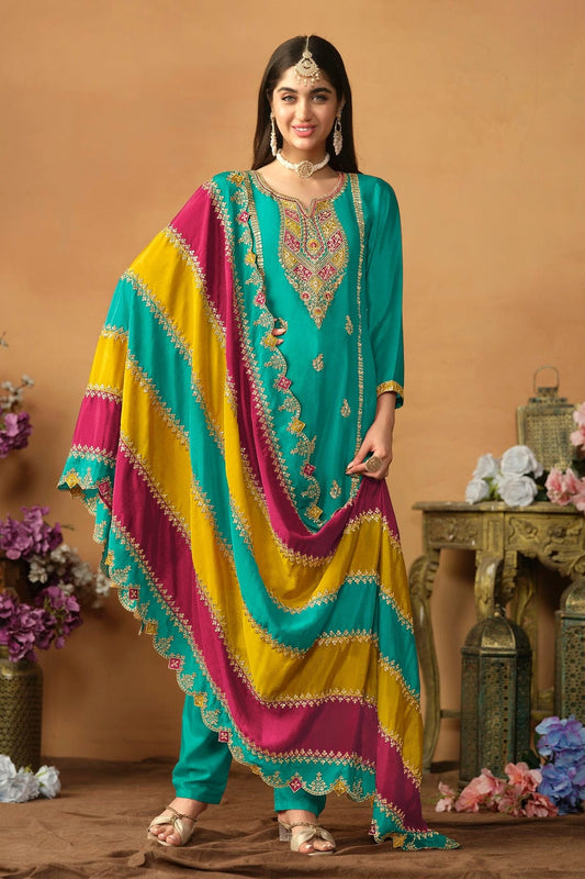 Teal Straight SuitChinon Silk Semi Stitched  NCSM10510253