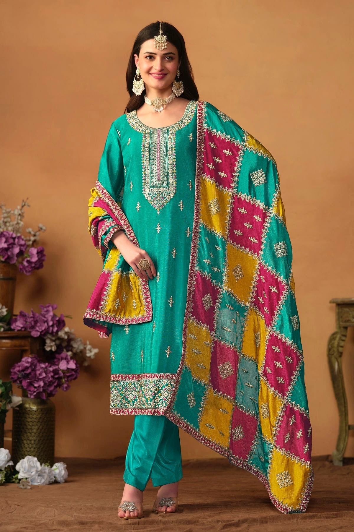 Teal Straight SuitChinon Silk Semi Stitched  NCSM10510256