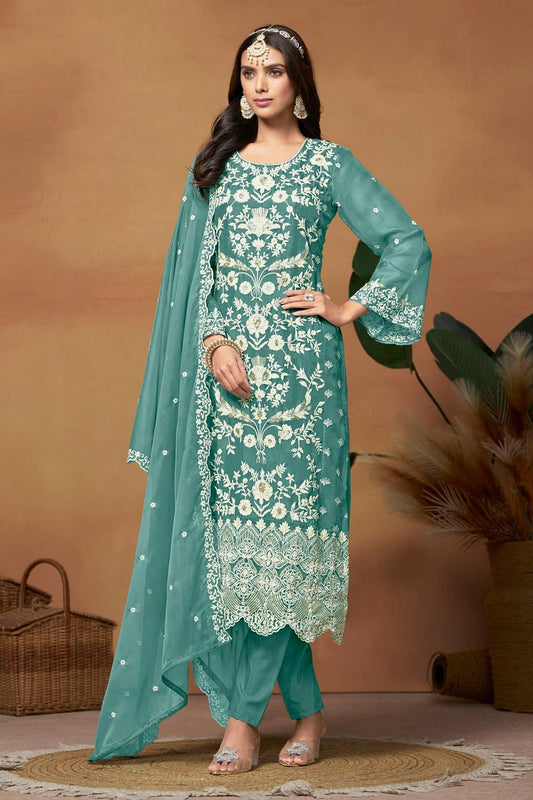 Teal Straight SuitSoft Organza Semi Stitched  NCSM10510248