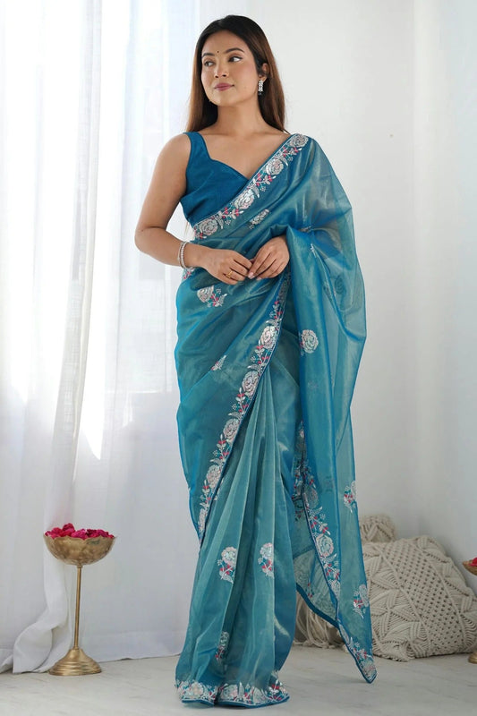Teal Twill Net Designer Saree NCSD11111523