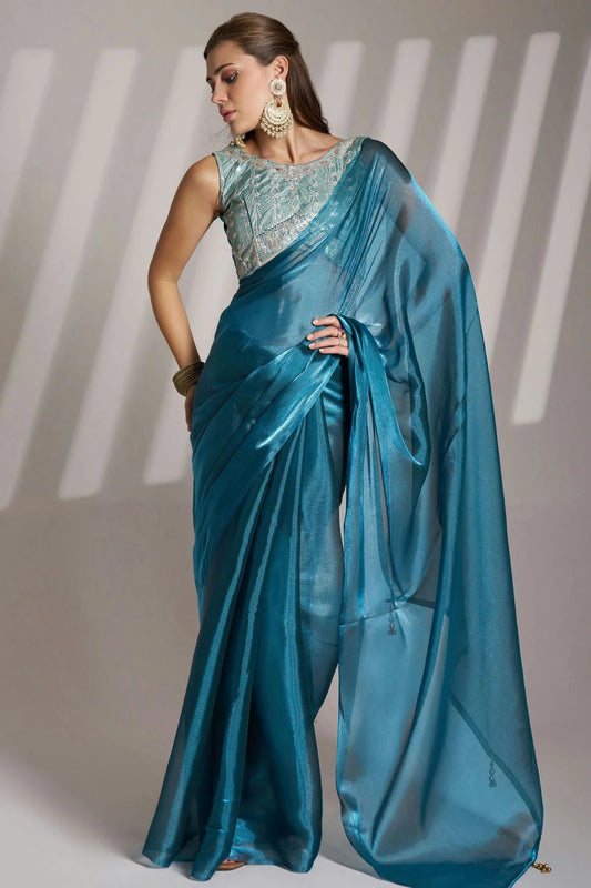 Teal Twill Net Saree NCSD11111065