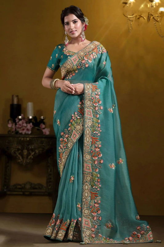 Teal Twill Tissue Designer Saree NCSD11111186