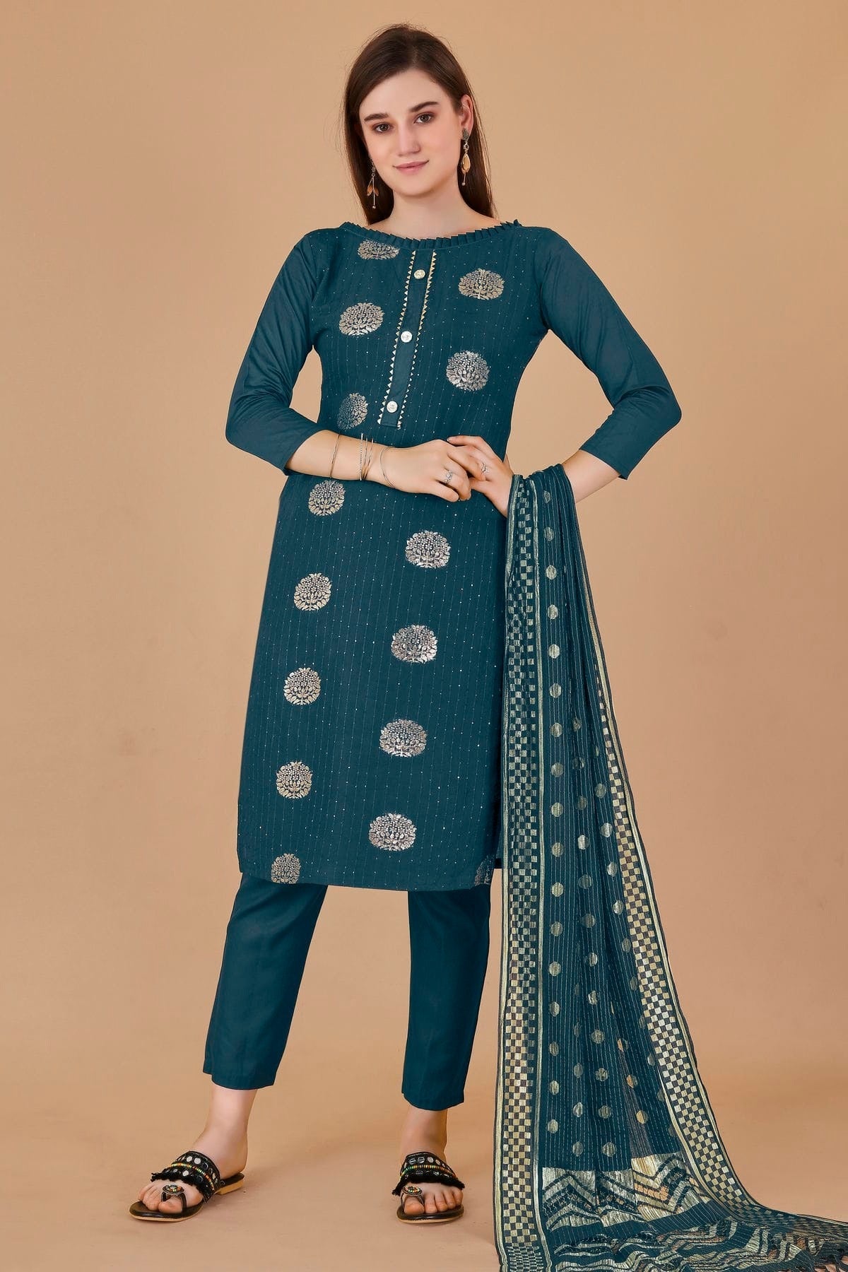 Teal Unstitched Cotton Jacquard Straight Suit NCUS11610376