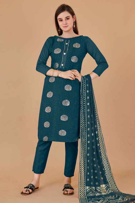 Teal Unstitched Cotton Jacquard Straight Suit NCUS11610376