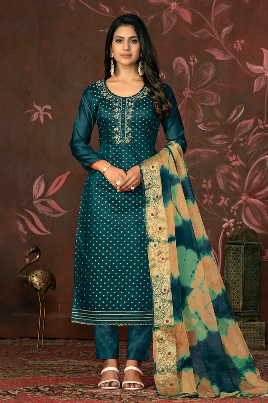 Teal Unstitched Modal Cotton Pant Style Suit NCUS11610180