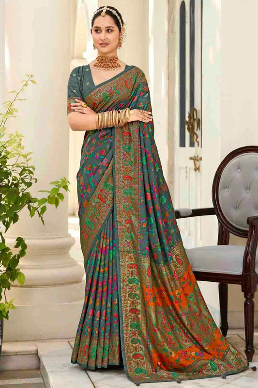 Teal Velvet Tussar Silk Floral Printed Traditional Sarees  NCSD11110258