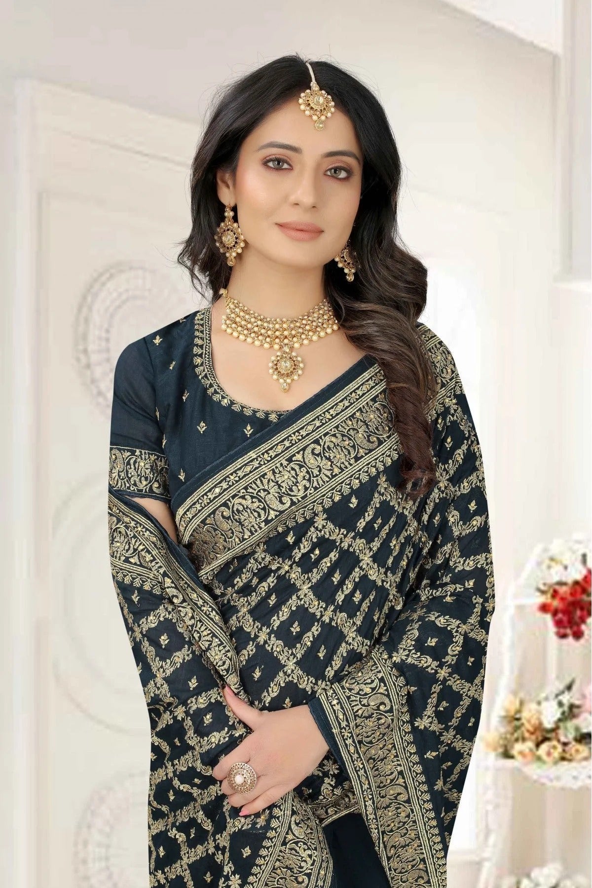 Teal Vichitra Silk Embroidery Saree NCSD11210861