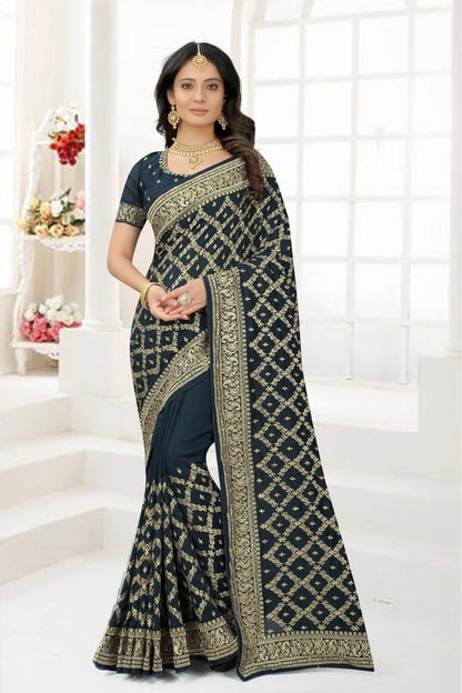 Teal Vichitra Silk Embroidery Saree NCSD11210861